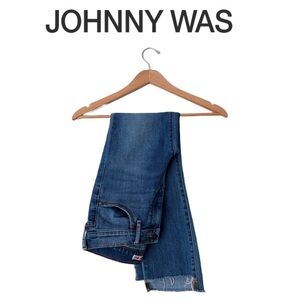 Johnny Was Raw Fray high low Hem Tapered High Rise Jeans Skinny Cropped Stretch